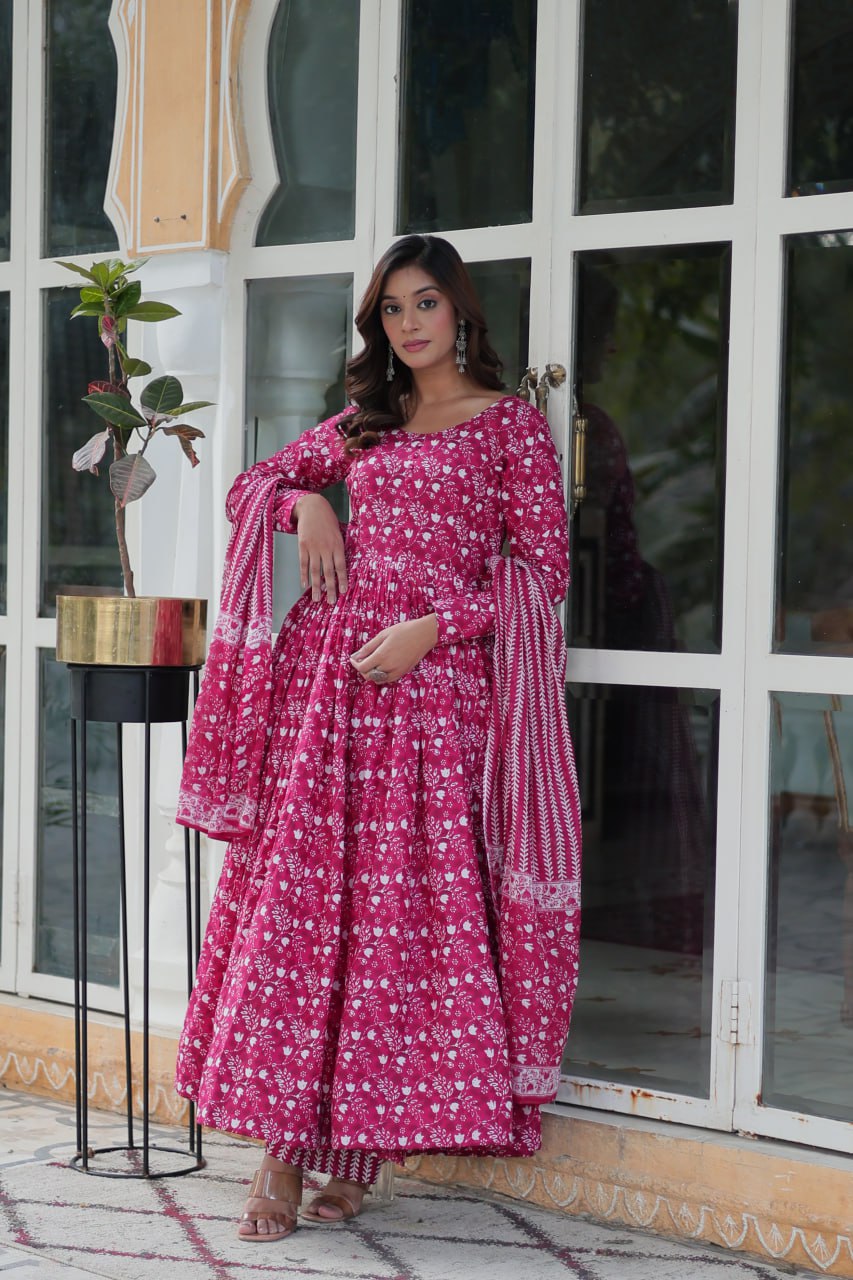 Pink Pure Cotton Readymade Kurti With Pant Dupatta Set