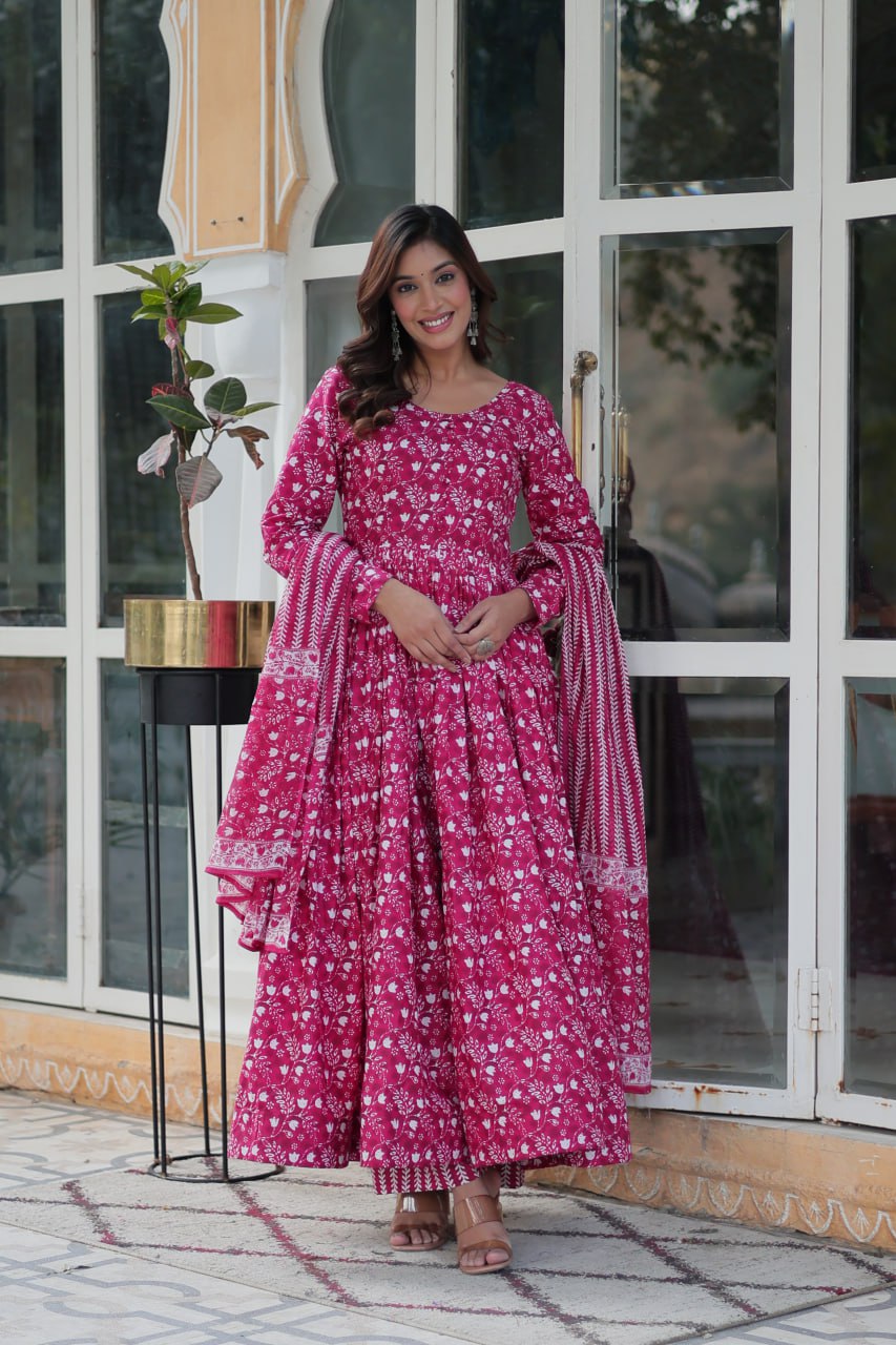 Pink Pure Cotton Readymade Kurti With Pant Dupatta Set