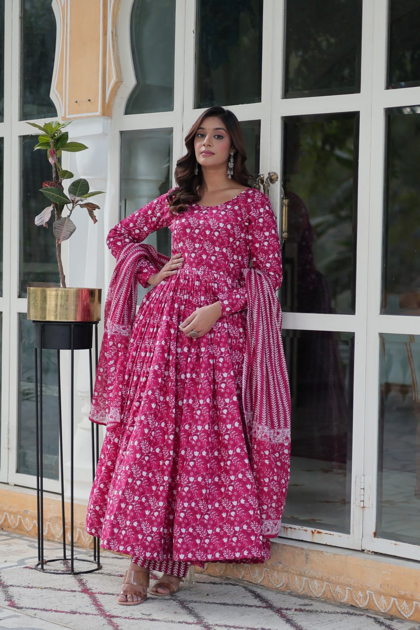 Pink Pure Cotton Readymade Kurti With Pant Dupatta Set
