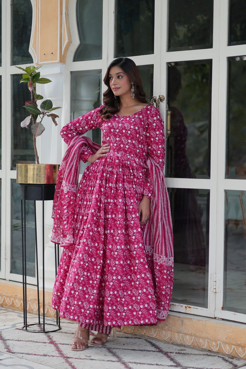 Pink Pure Cotton Readymade Kurti With Pant Dupatta Set