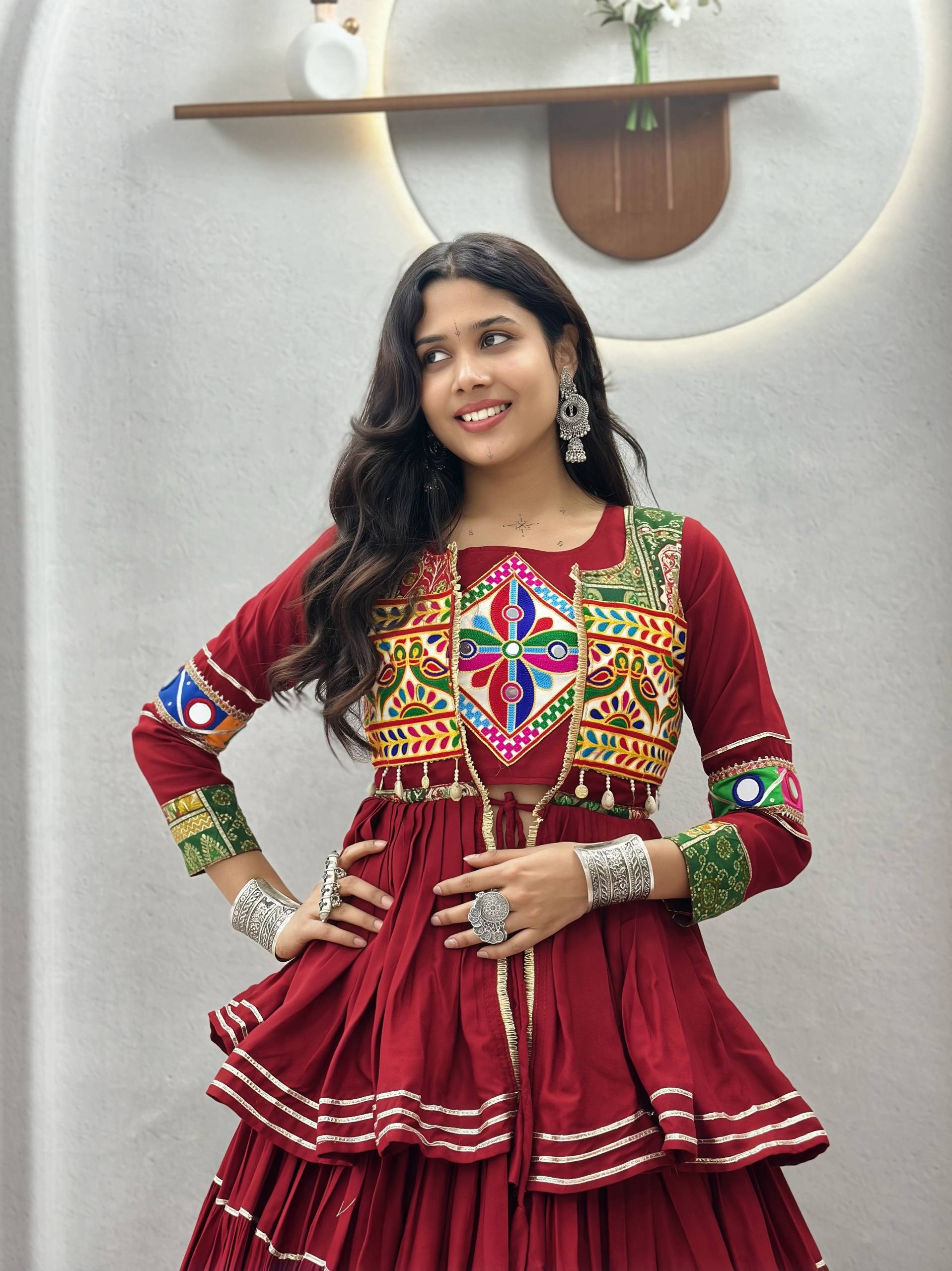 Deep Maroon Pure Cotton Heavy Gamthi Work, Mirror Lace & Sikka Lace Navratri Lehenga Choli Set | Ready to Wear