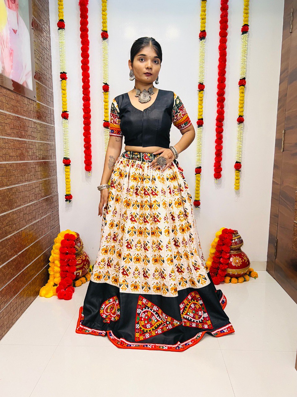 Rajwadi Pure Cotton Silk Patola Print With Gamthi Lace Work Navratri Lehenga Choli