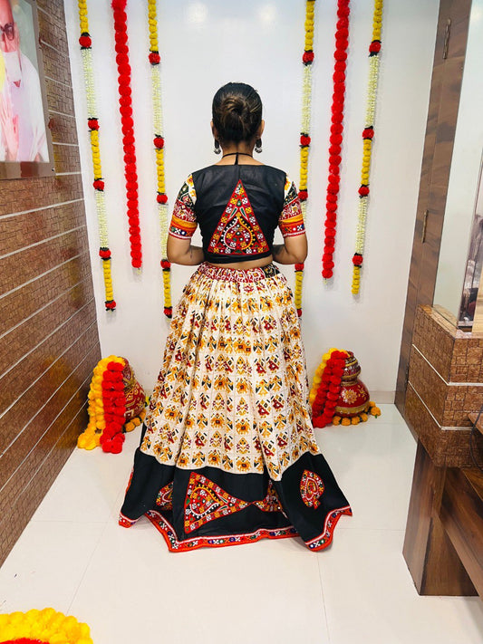 Rajwadi Pure Cotton Silk Patola Print With Gamthi Lace Work Navratri Lehenga Choli