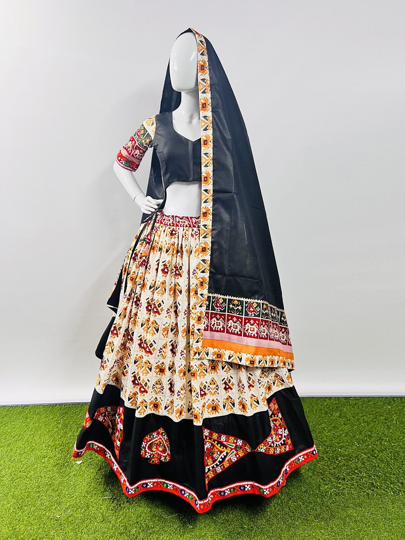 Rajwadi Pure Cotton Silk Patola Print With Gamthi Lace Work Navratri Lehenga Choli
