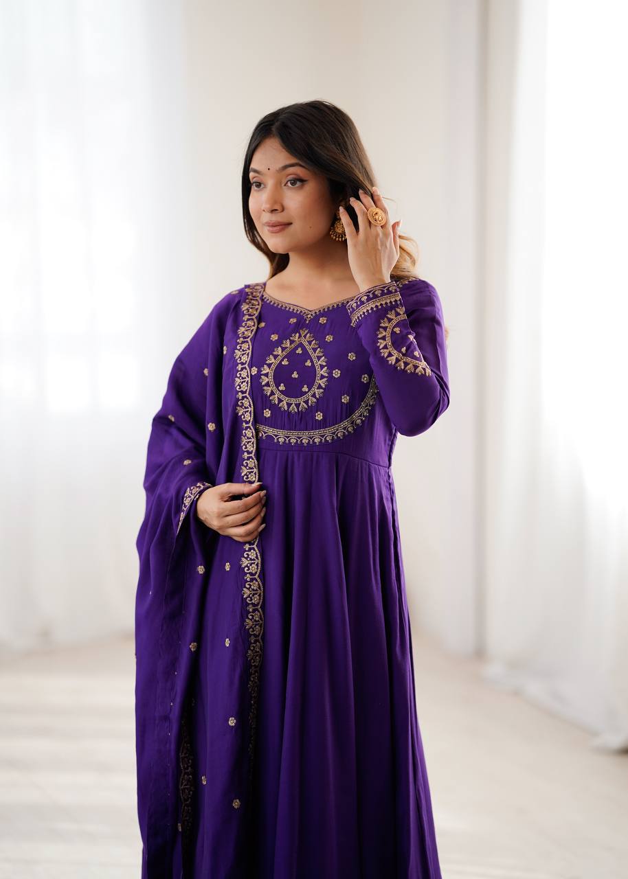 Purple Chanderi Silk Fabric Fancy Handwork Beads Full Flare Anarkali Suit