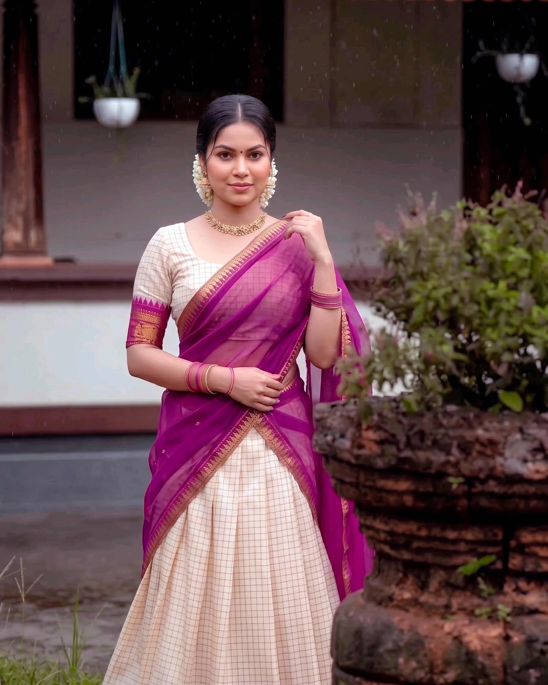 Off-White & Wine Poly Cotton Chex with Zari Weaving Work South Indian Half Saree Lehenga Choli Set