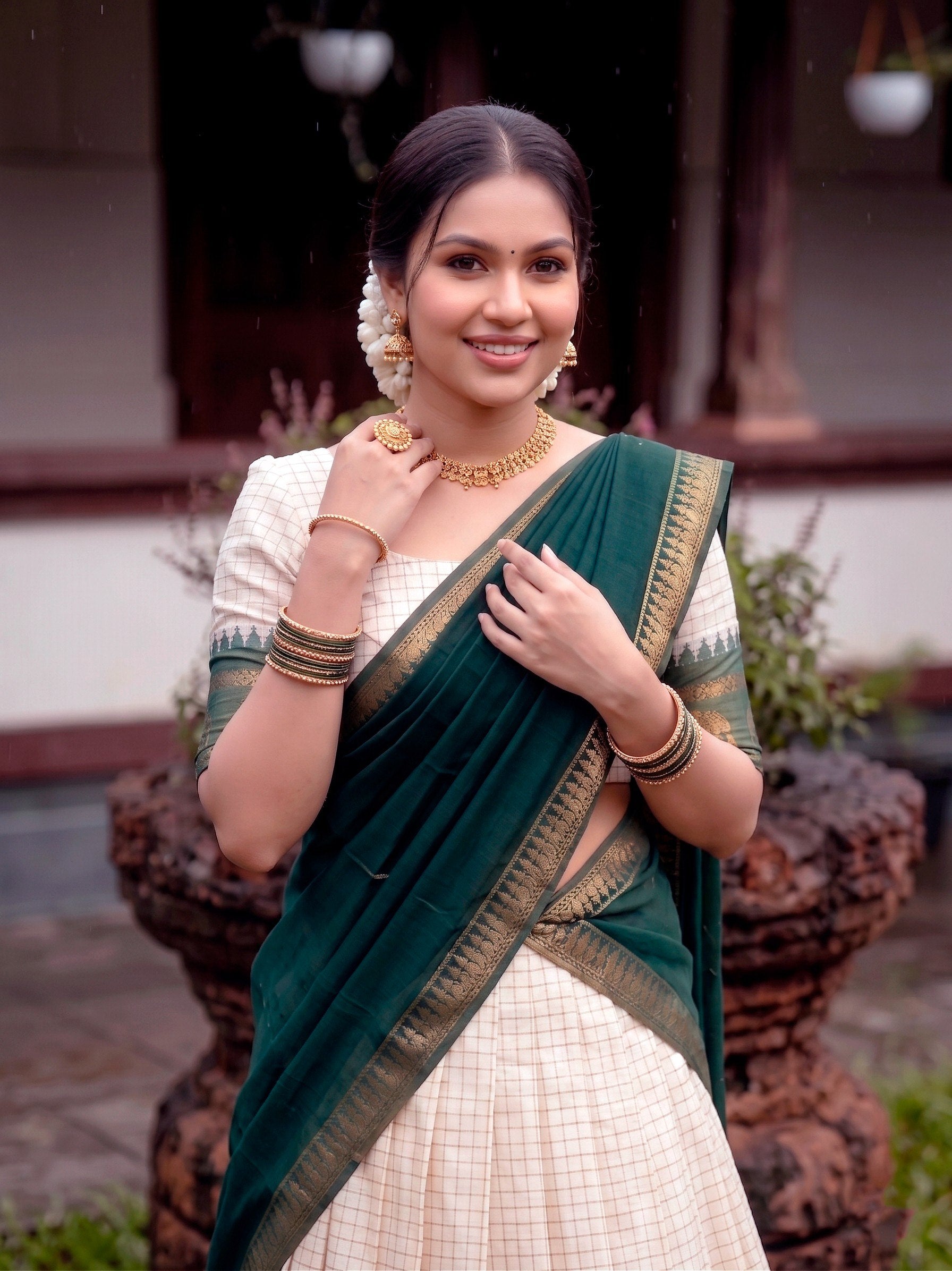 Off-White & Bottle Green Poly Cotton Chex with Zari Weaving Work South Indian Half Saree Lehenga Choli Set