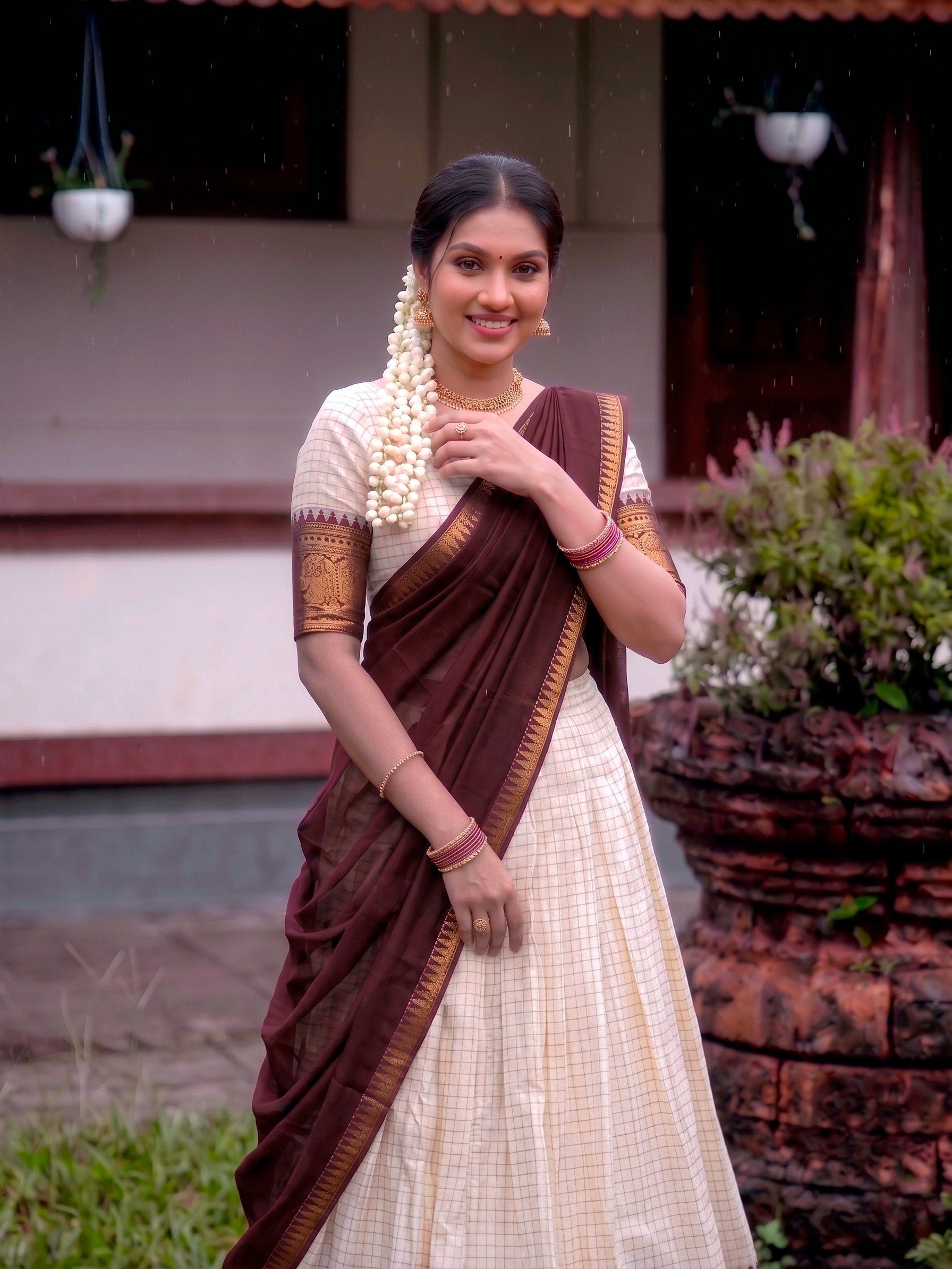 Off-White & Maroon Poly Cotton Chex with Zari Weaving Work South Indian Half Saree Lehenga Choli Se