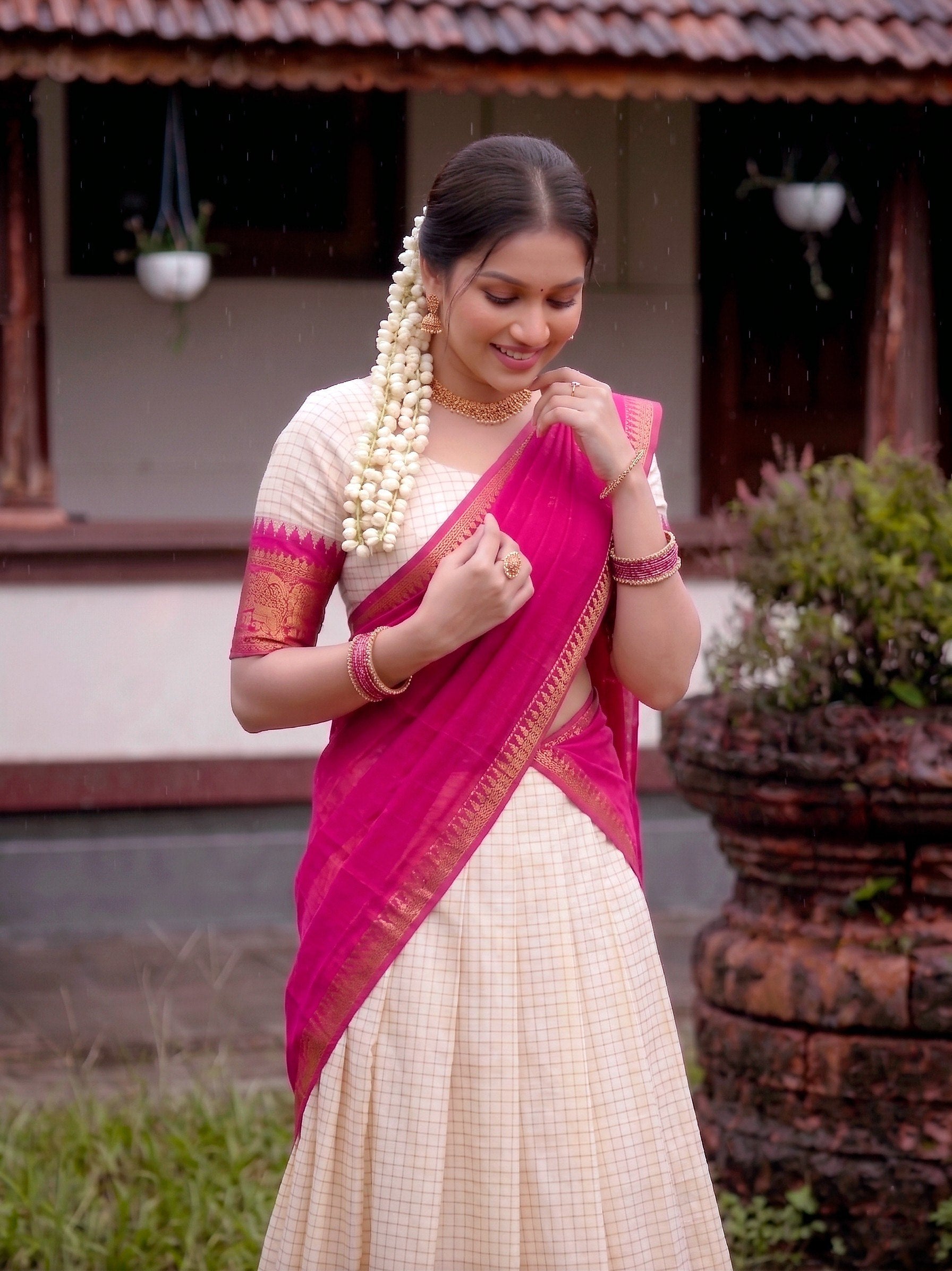 Off-White & Pink Poly Cotton Chex with Zari Weaving Work South Indian Half Saree Lehenga Choli Set
