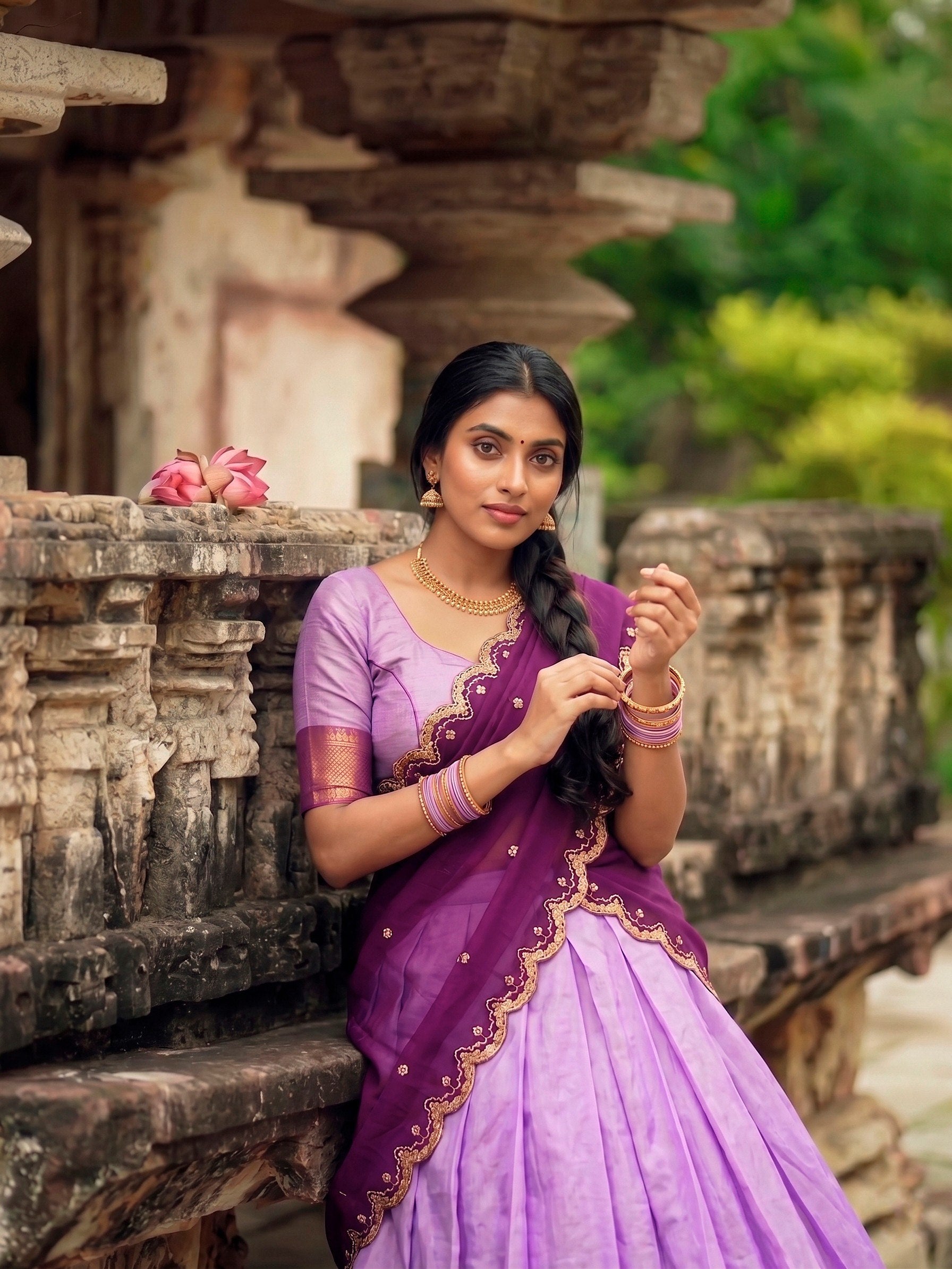 Lavender & Deep Purple Cotton Silk Zari Weaving Work South Indian Half Saree Lehenga Choli Set
