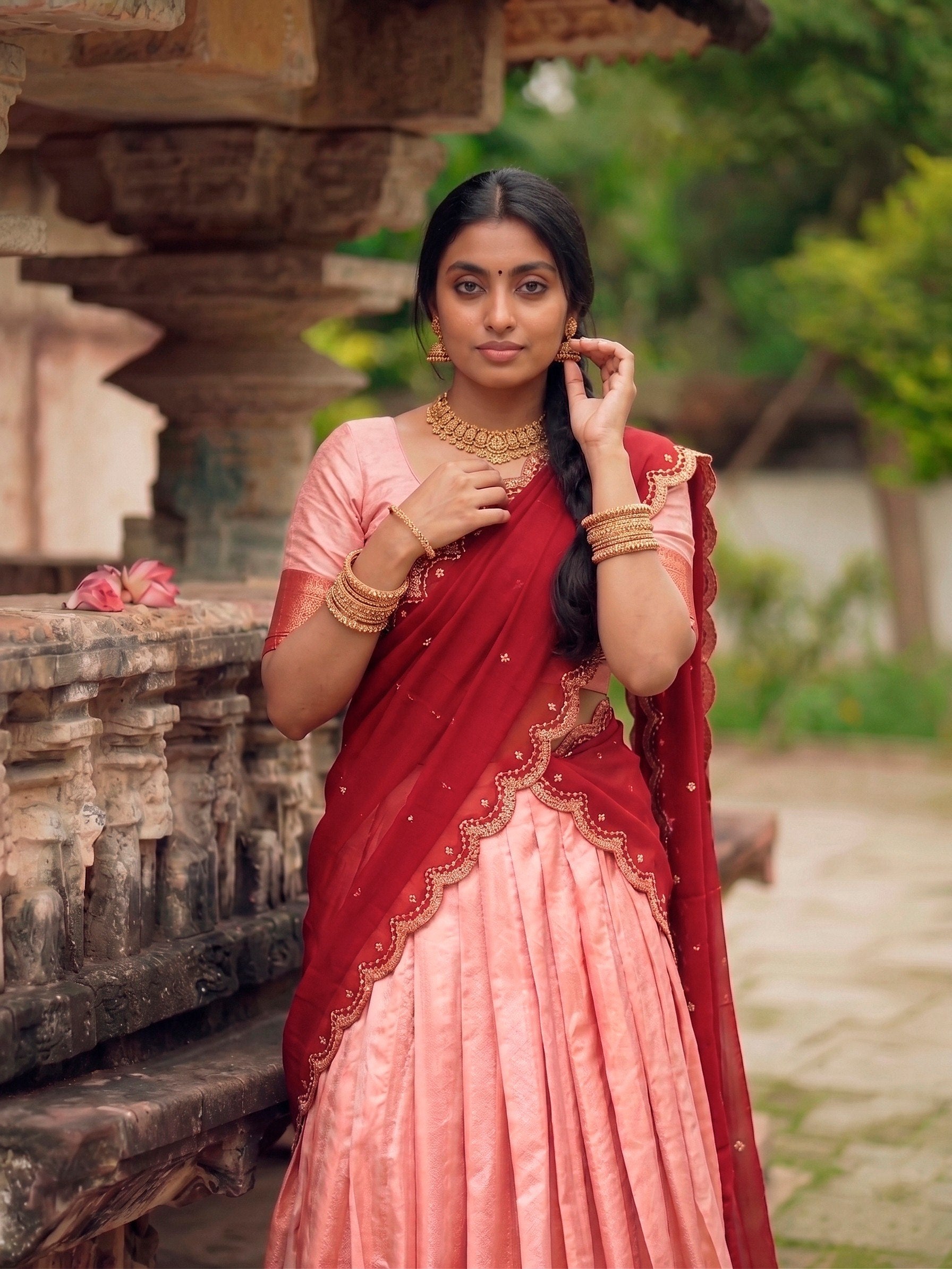 Peach Pink & Maroon Cotton Silk Zari Weaving Work South Indian Half Saree Lehenga Choli Set