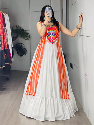 Traditional Gujarati Navratri chaniya choli white frill with mirror work for garba