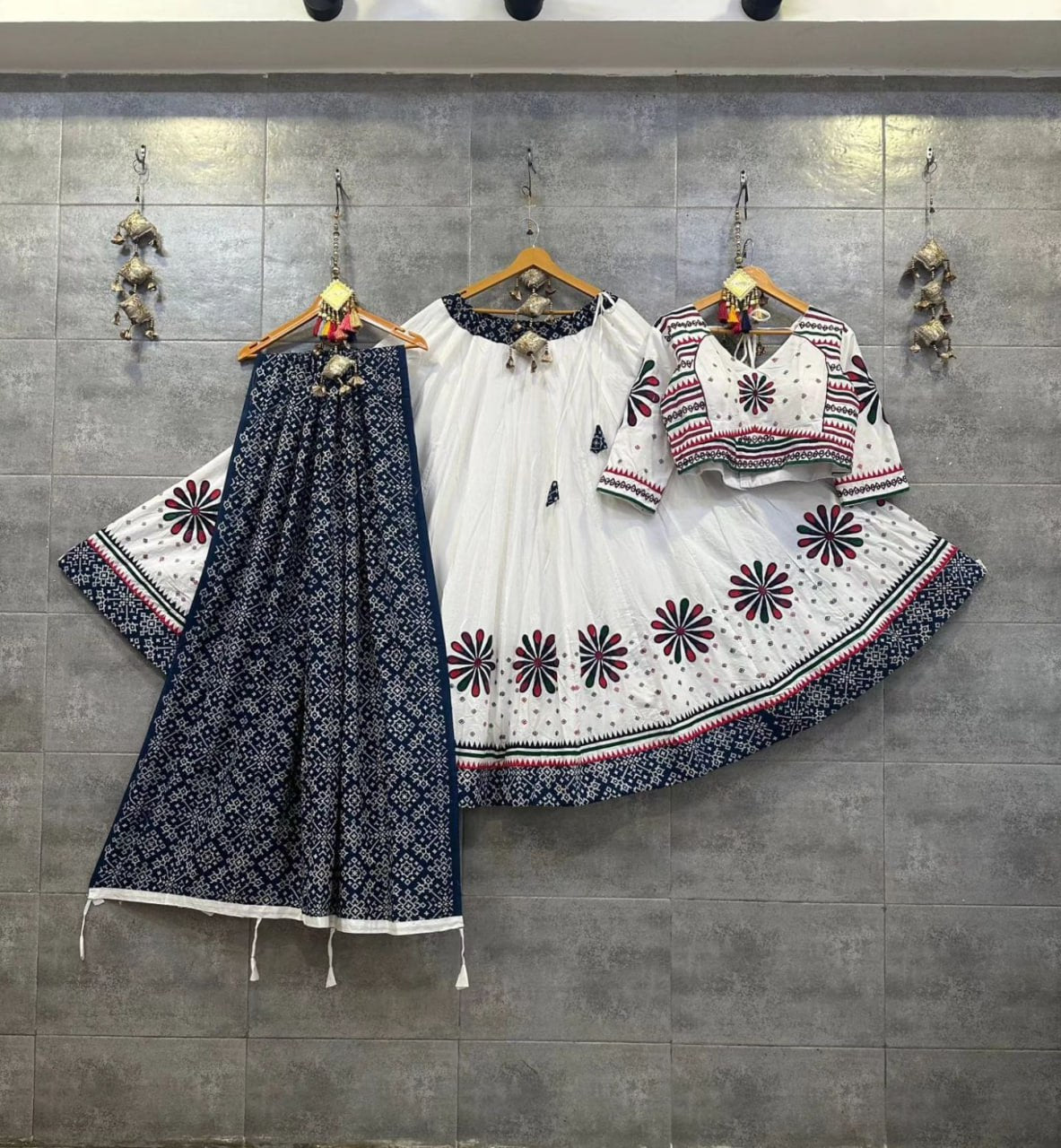 White Blue Beautiful Digital Print Real Mirror Work Navratri Lehenga Choli
