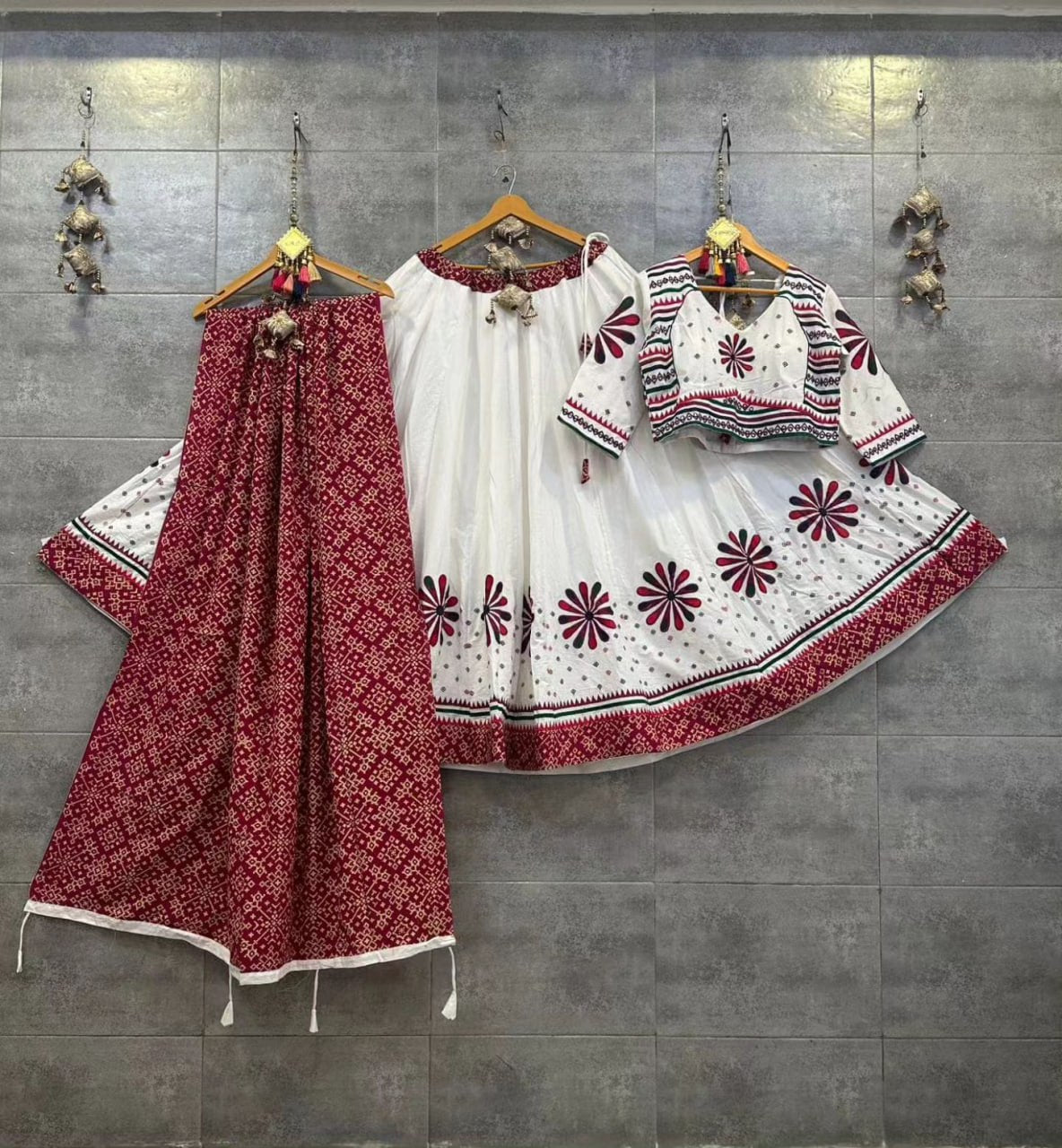 White Red Beautiful Digital Print Real Mirror Work Navratri Lehenga Choli
