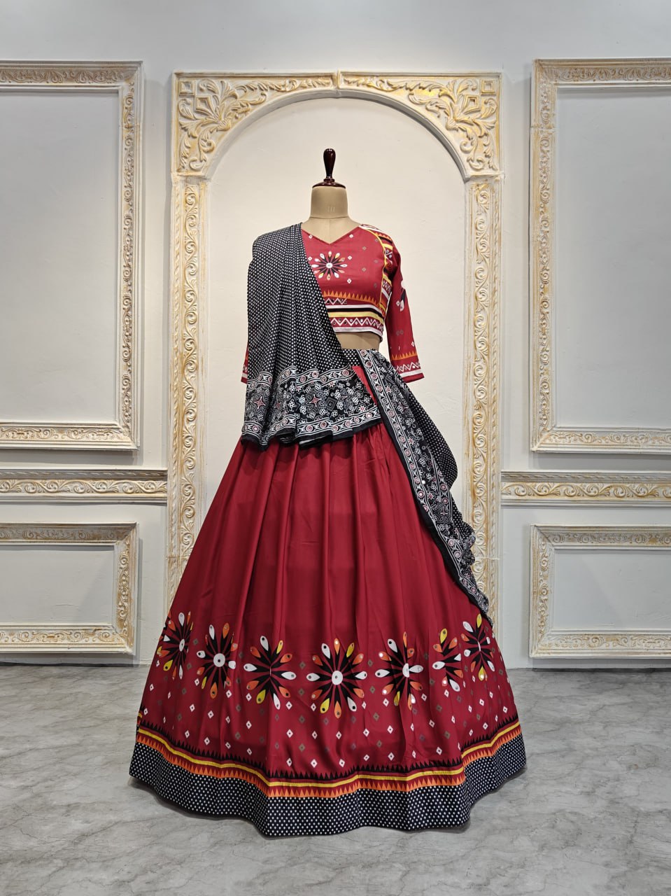 Maroon Beautiful Digital Print Real Mirror Work Navratri Lehenga Choli