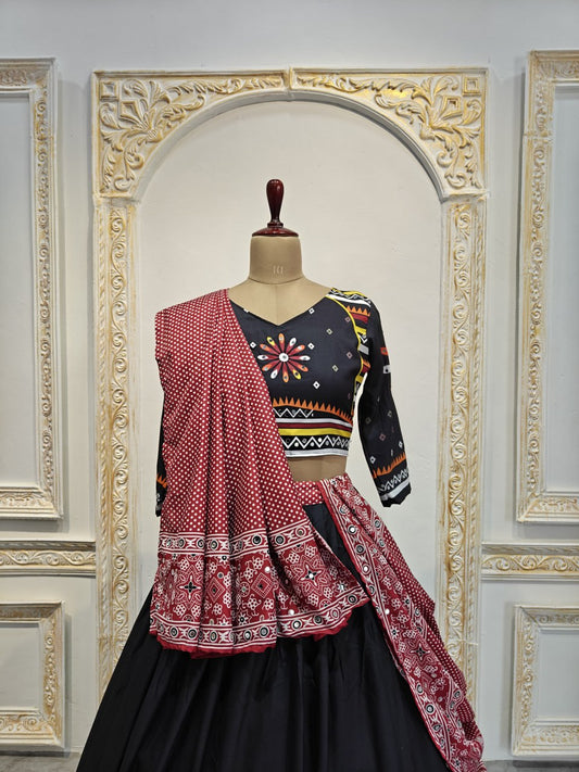 Black Beautiful Digital Print Real Mirror Work Navratri Lehenga Choli