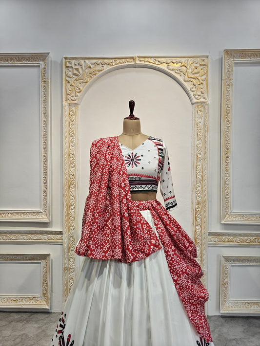 White Red Beautiful Digital Print Real Mirror Work Navratri Lehenga Choli
