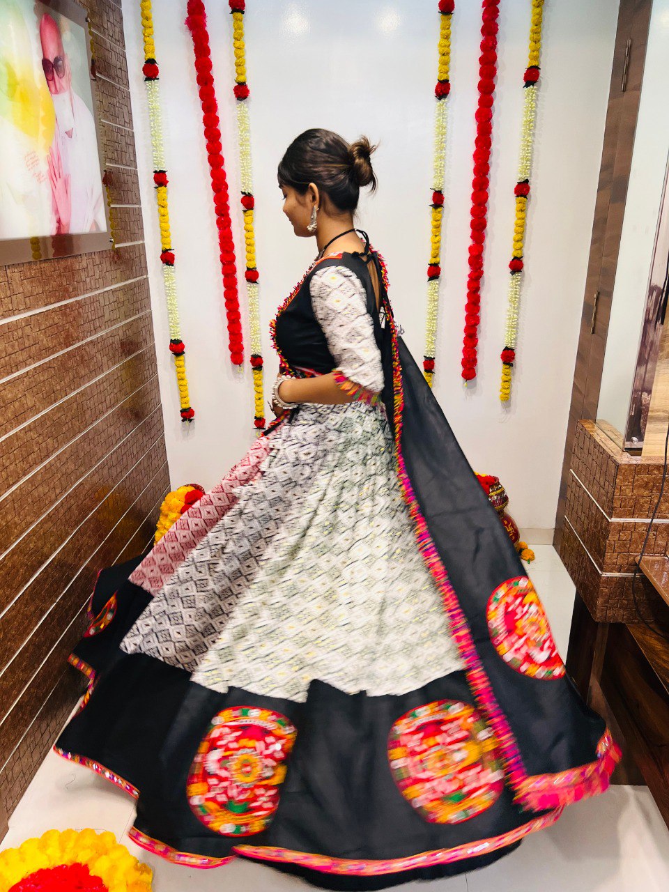 Rajwadi Printed Pure Cotton Silk Patola Print With Gamthi Lace Work Navratri Lehenga Choli
