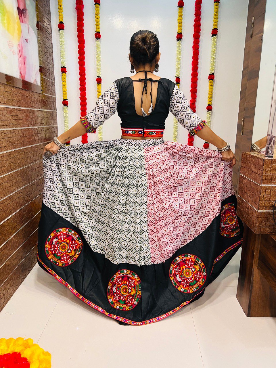 Rajwadi Printed Pure Cotton Silk Patola Print With Gamthi Lace Work Navratri Lehenga Choli
