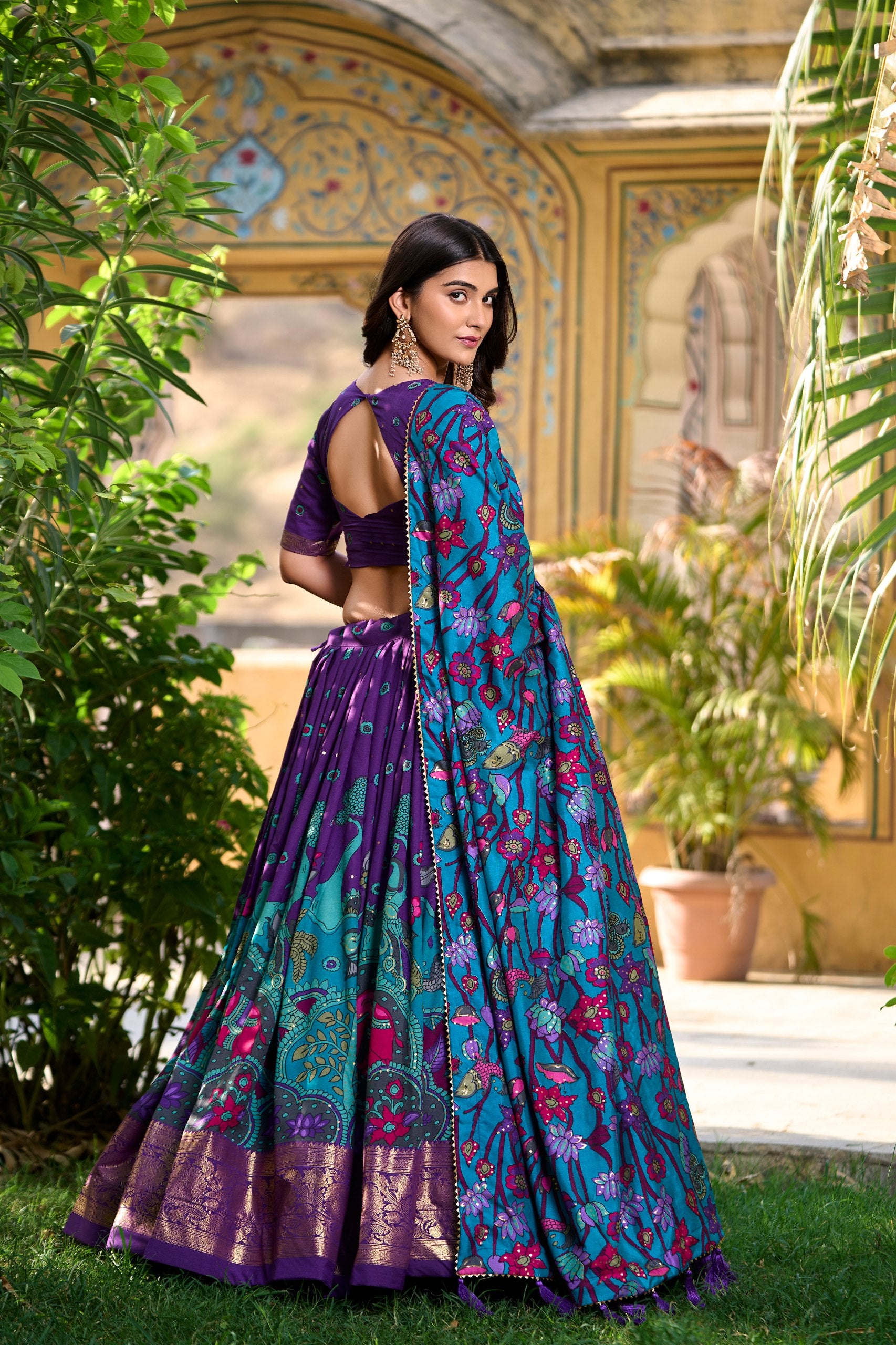 Purple & Teal Blue Tasar Silk Kalamkari Print with Foil Work Border Lehenga Choli Set