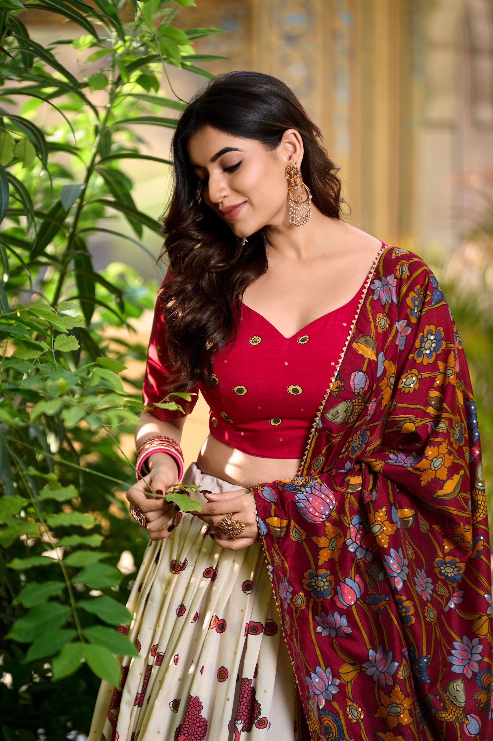 Off-White & Maroon Tasar Silk Kalamkari Print with Foil Work Border Lehenga Choli Set