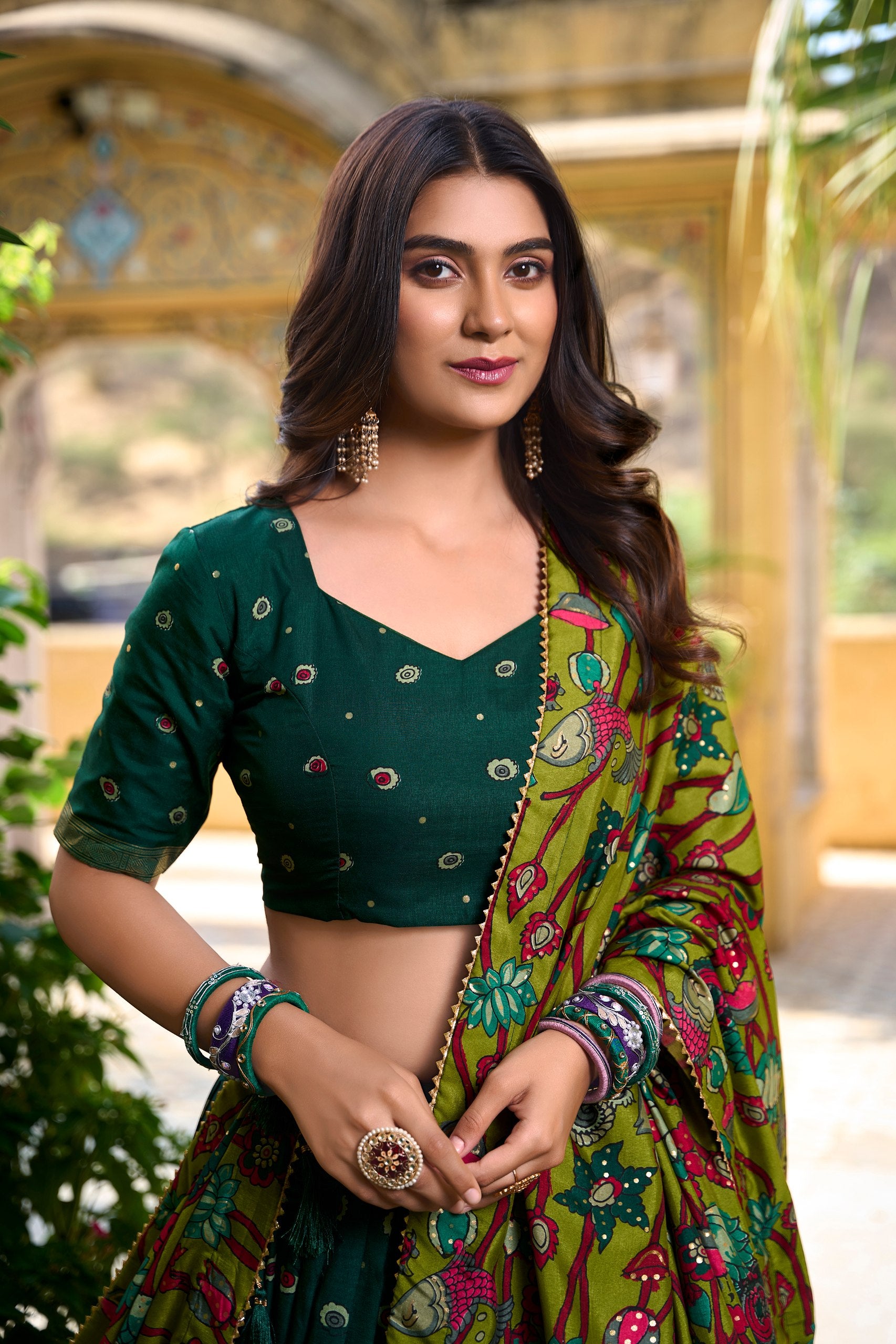 Bottle Green & Olive Green Tasar Silk Kalamkari Print with Foil Work Border Lehenga Choli Set | Ready to Wear