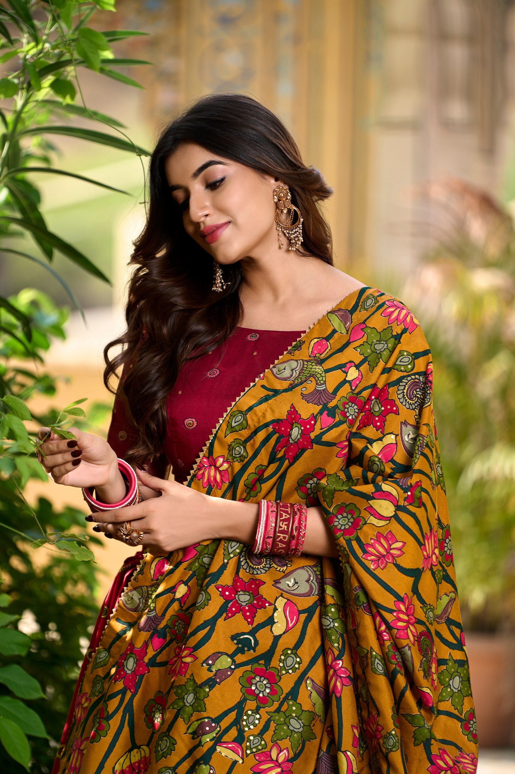 Mustard Yellow & Red Tasar Silk Kalamkari Print with Foil Work Border Lehenga Choli Set