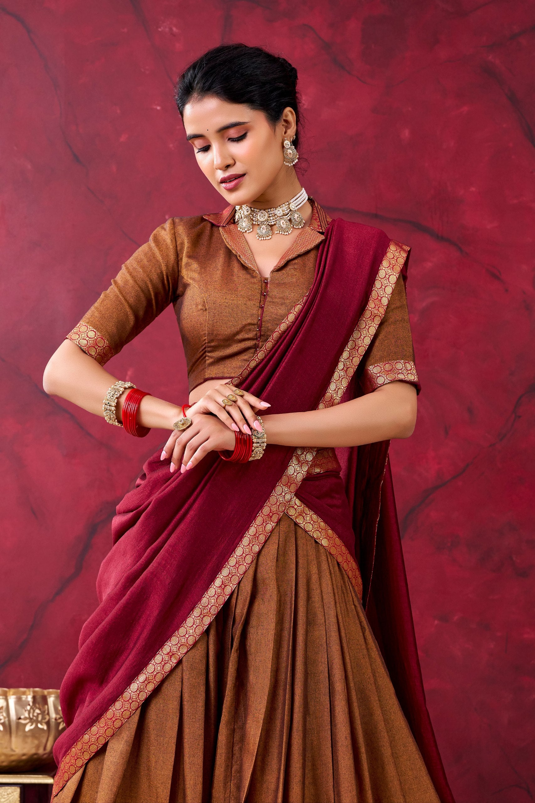 Mustard Narayanpet Silk Half Saree – Traditional Zari Weaving Work Lehenga Choli Set