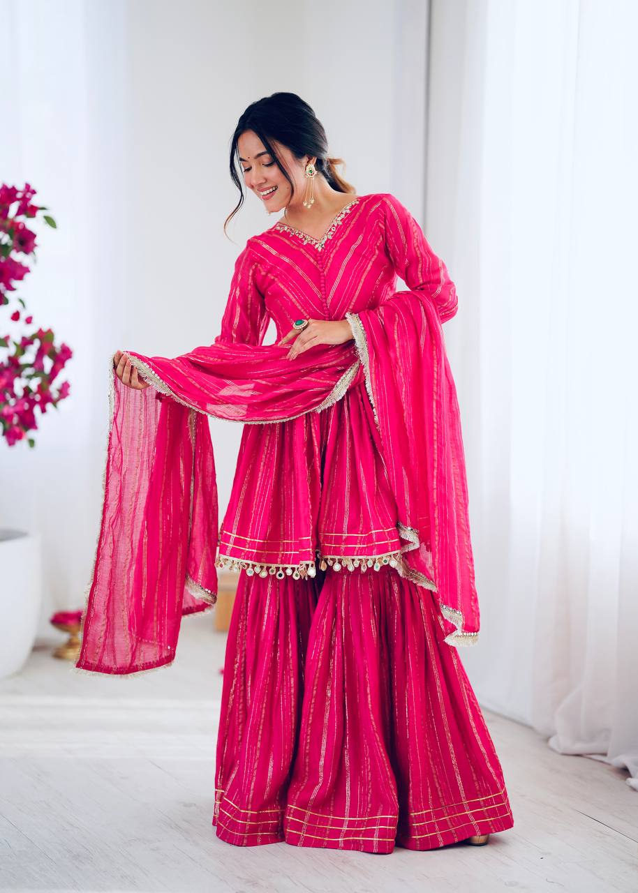 Pink Chanderi Silk Real Mirror With Handwork Work Sharara Suit