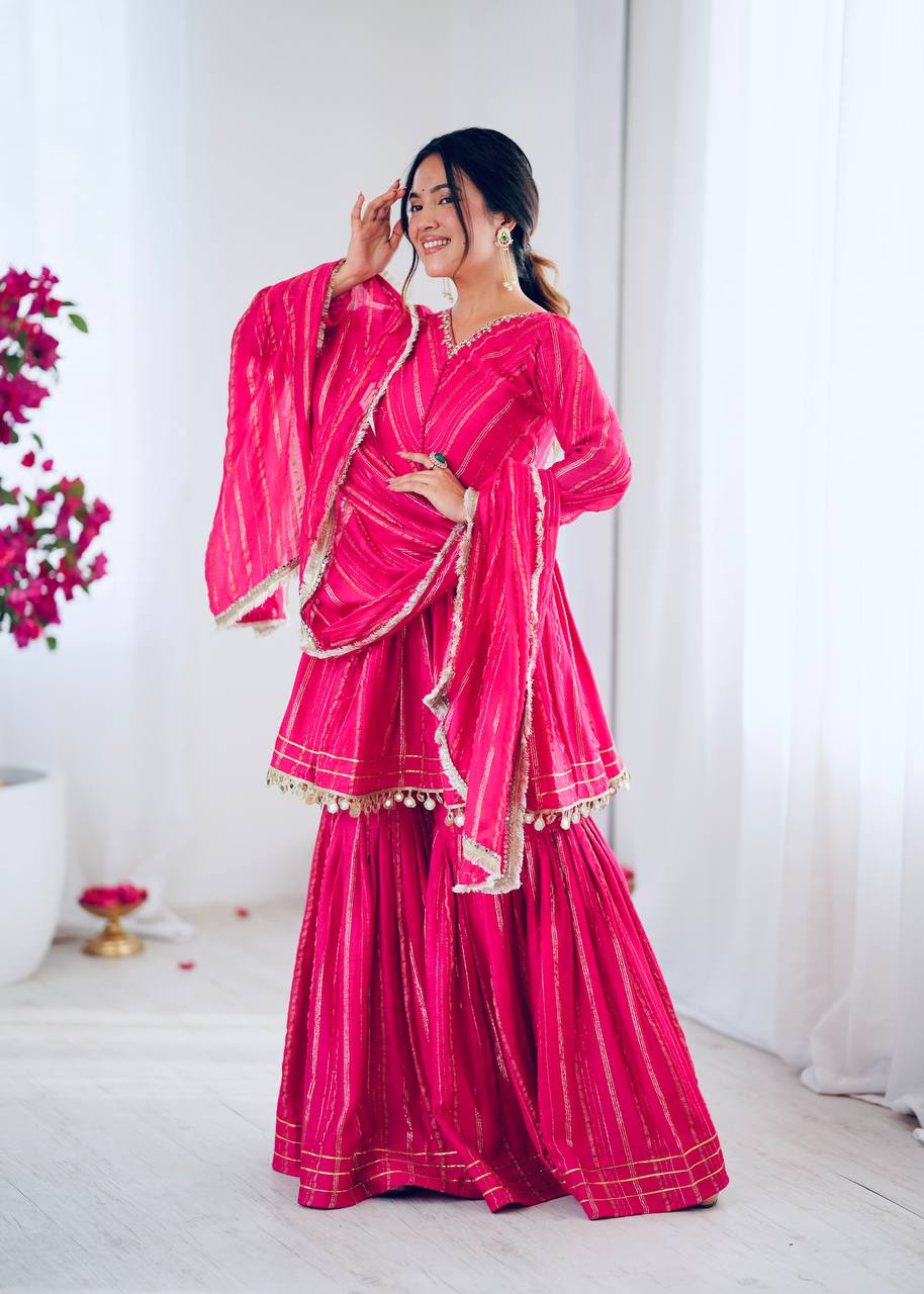Pink Chanderi Silk Real Mirror With Handwork Work Sharara Suit