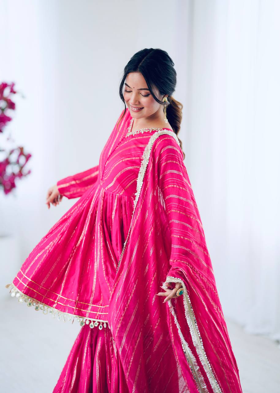 Pink Chanderi Silk Real Mirror With Handwork Work Sharara Suit