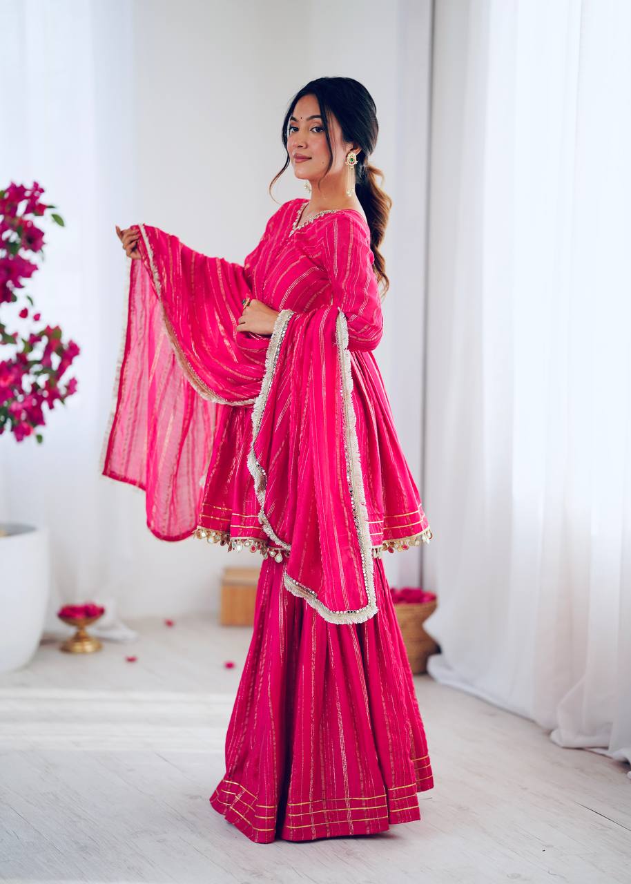 Pink Chanderi Silk Real Mirror With Handwork Work Sharara Suit