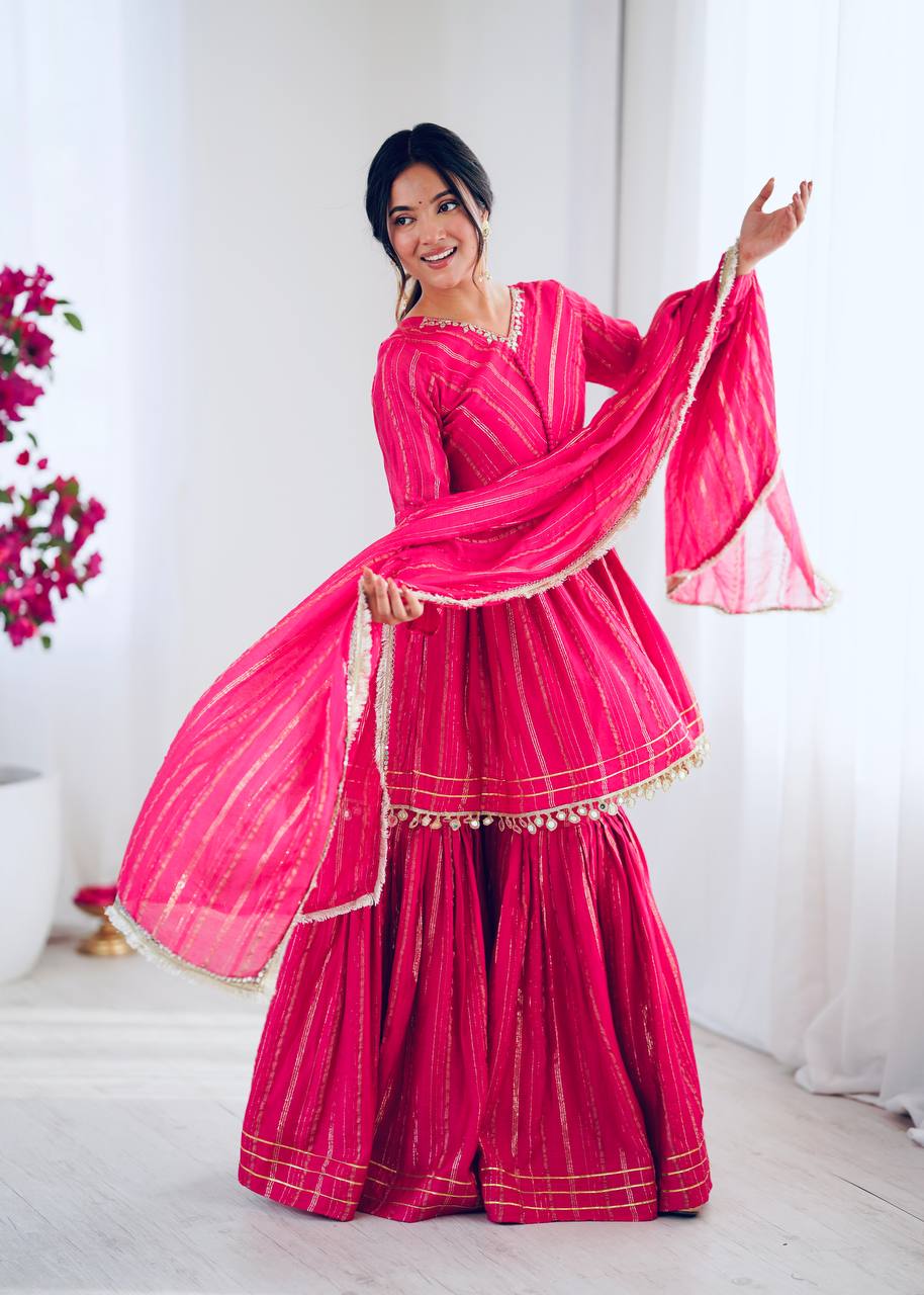Pink Chanderi Silk Real Mirror With Handwork Work Sharara Suit