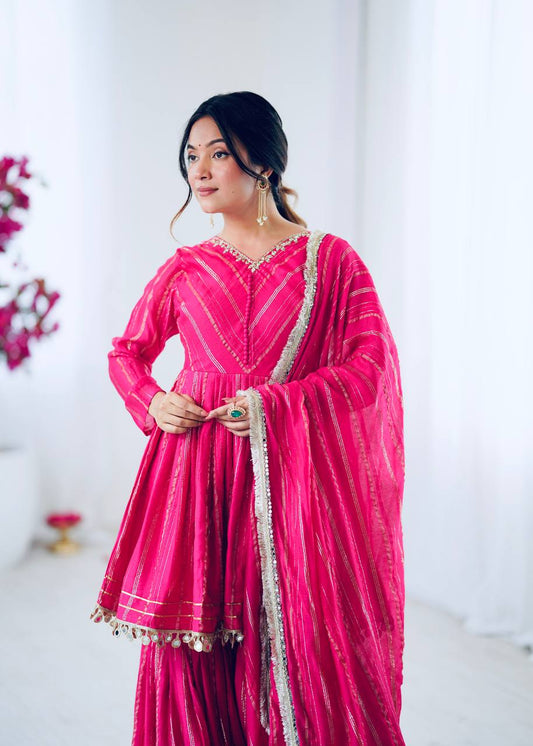 Pink Chanderi Silk Real Mirror With Handwork Work Sharara Suit