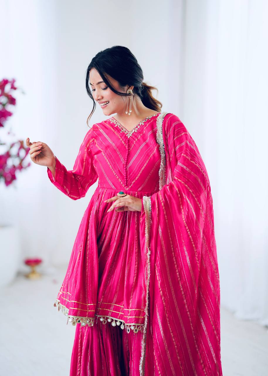 Pink Chanderi Silk Real Mirror With Handwork Work Sharara Suit