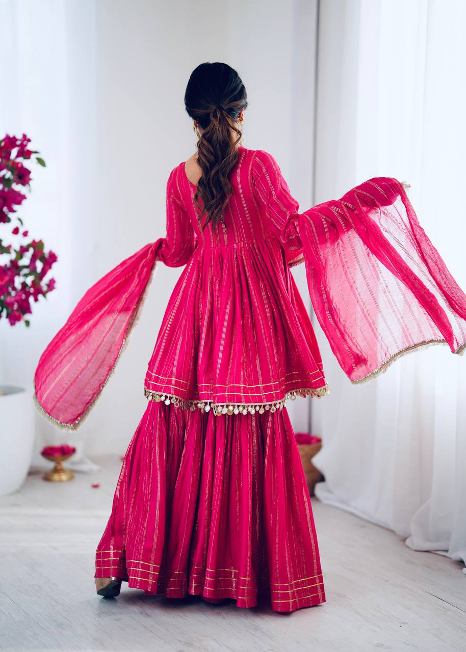 Pink Chanderi Silk Real Mirror With Handwork Work Sharara Suit