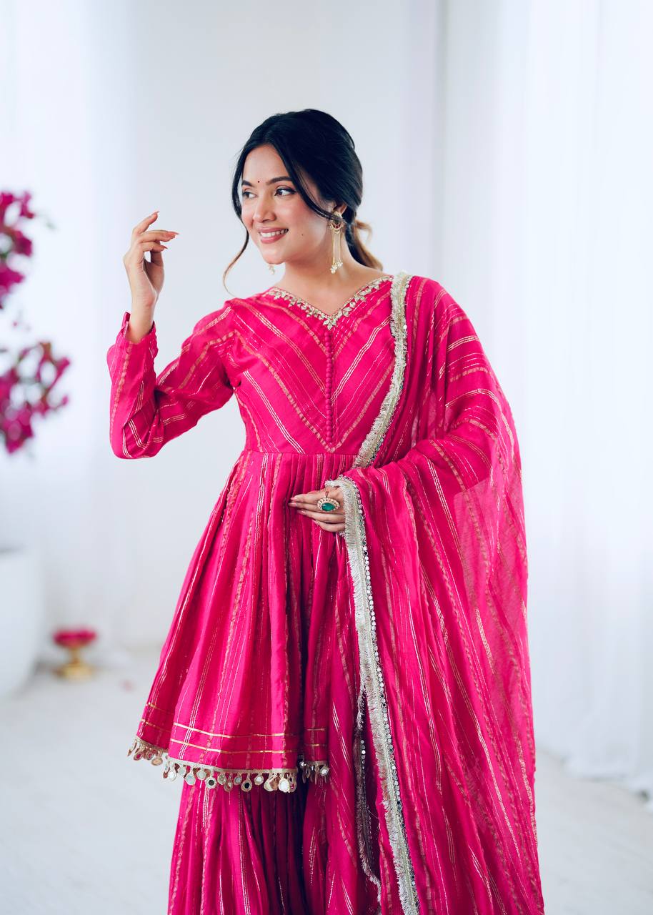 Pink Chanderi Silk Real Mirror With Handwork Work Sharara Suit
