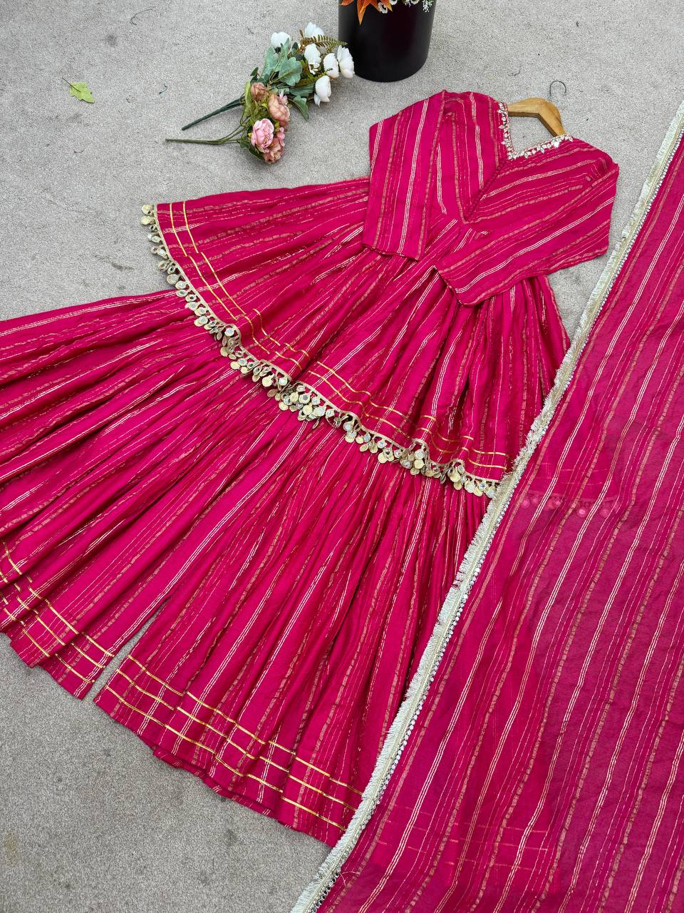 Pink Chanderi Silk Real Mirror With Handwork Work Sharara Suit