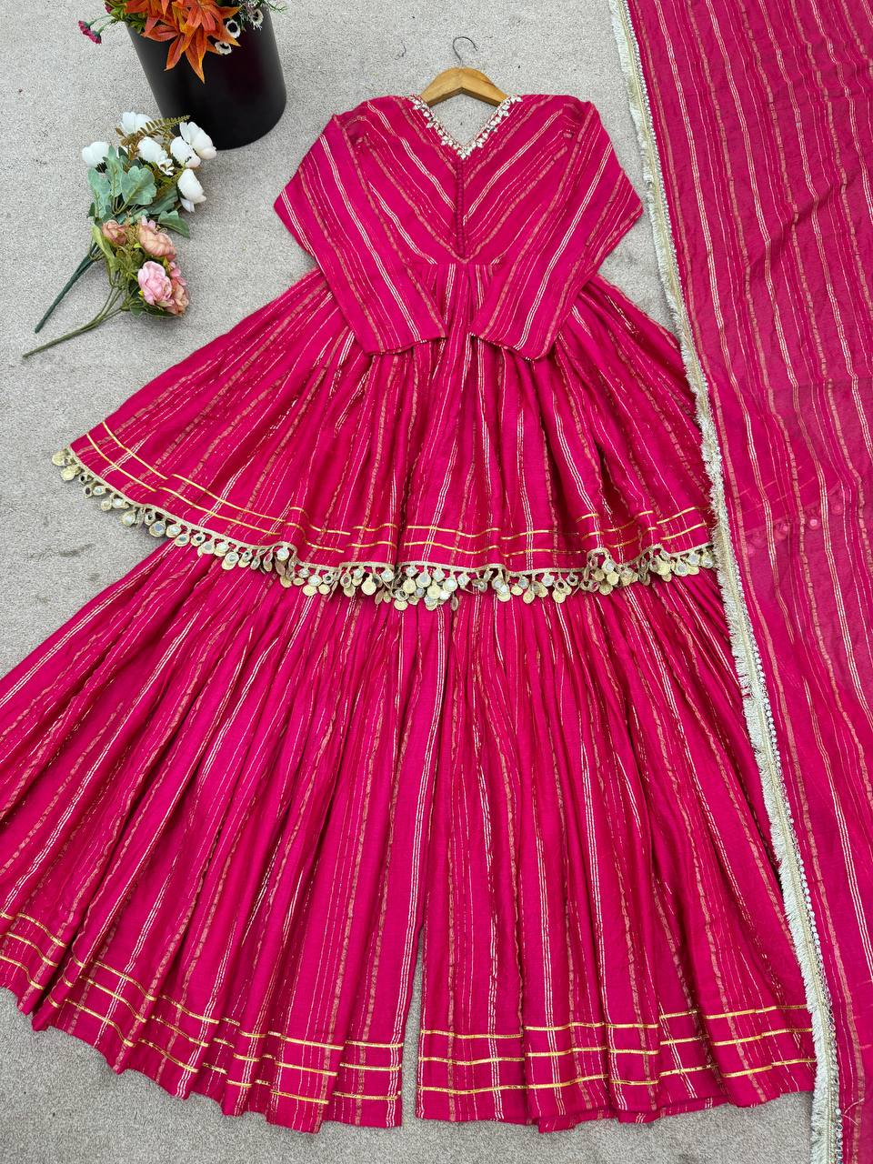 Pink Chanderi Silk Real Mirror With Handwork Work Sharara Suit