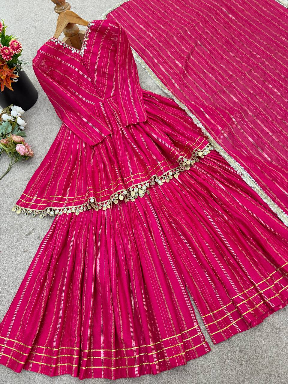 Pink Chanderi Silk Real Mirror With Handwork Work Sharara Suit
