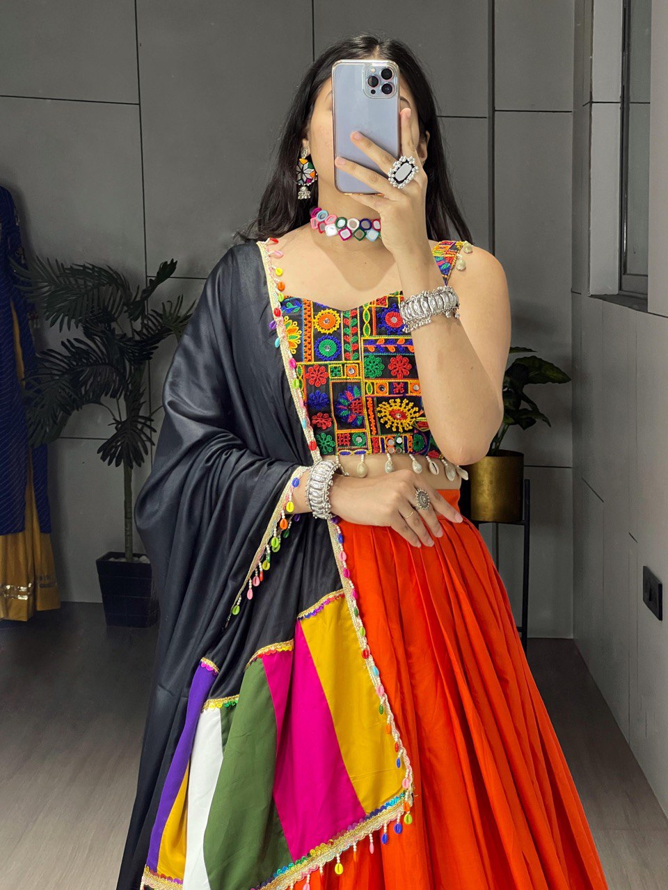 Orange Pure Rayon Cotton Navratri Lehenga – Real Mirror Work with Traditional Gamthi Design Patta Border