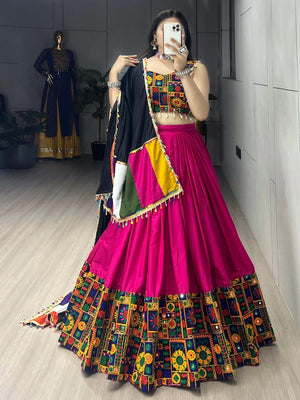 Rani Pink Pure Rayon Cotton Navratri Lehenga with Real Mirror Work and Traditional Gamthi Design Patta Border by The Beauty Queen Surat