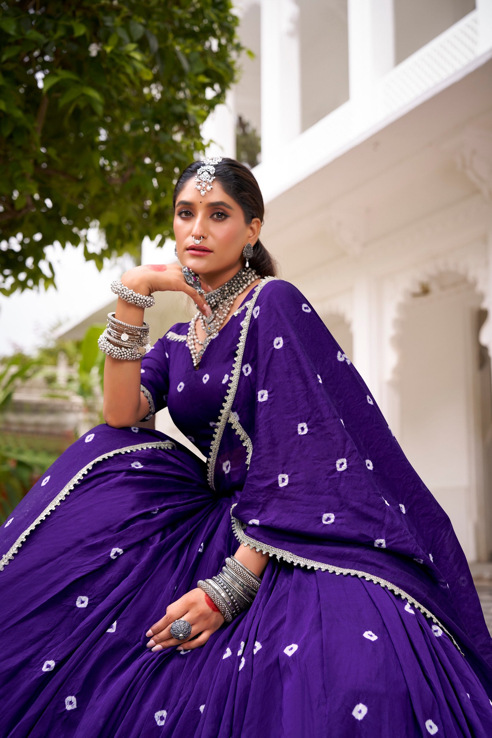 Royal Purple Pure Chanderi Bandhej Print With Silver Lace Touch-Up Navratri Chaniya Choli Set
