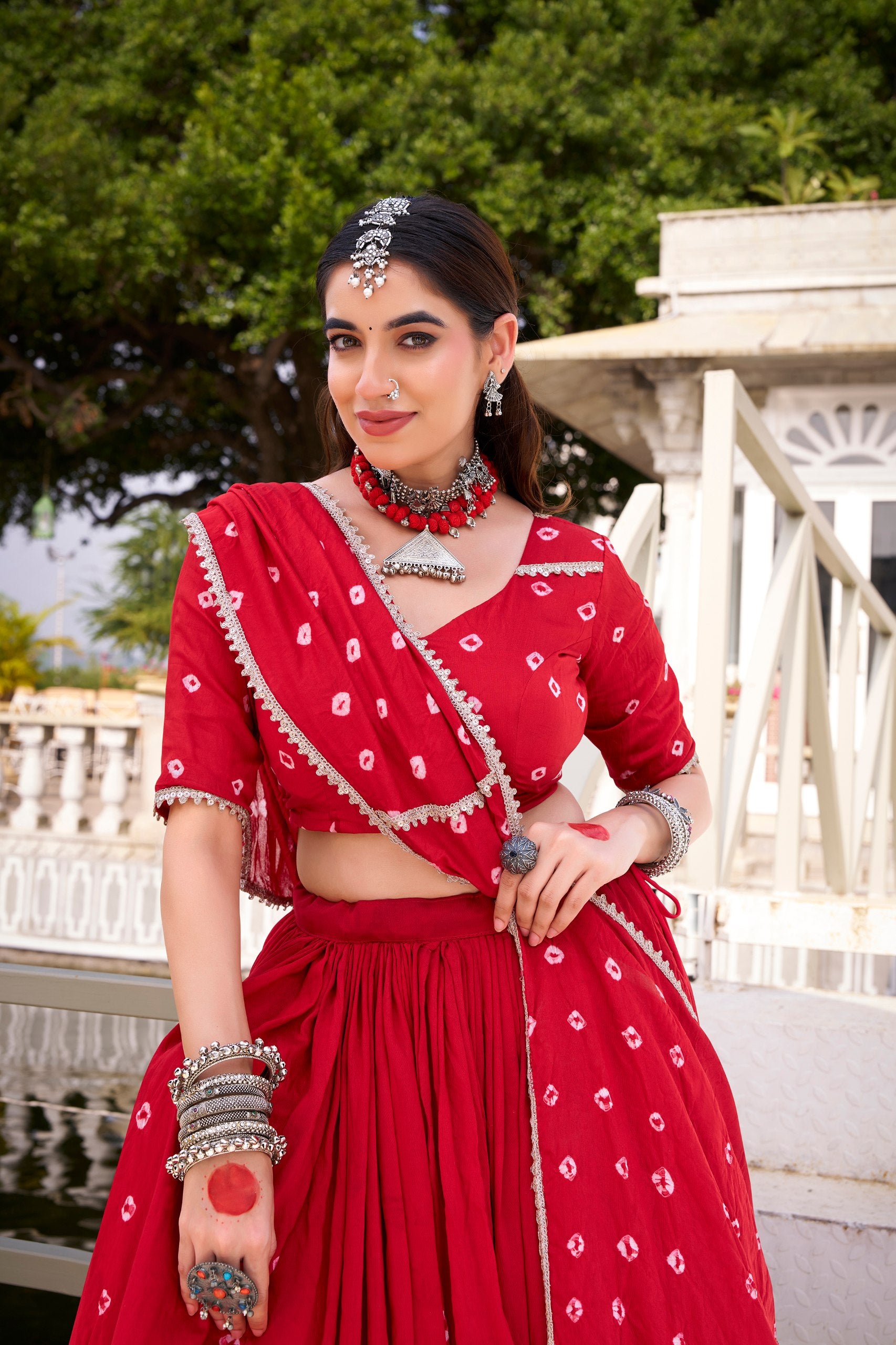 Traditional Crimson Red Pure Chanderi Bandhej Print With Silver Lace Touch-Up Navratri Chaniya Choli Set