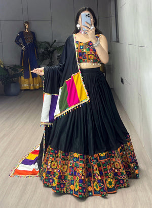 Black Pure Rayon Cotton Navratri Lehenga with Real Mirror Work and Traditional Gamthi Design Patta Border by The Beauty Queen Surat