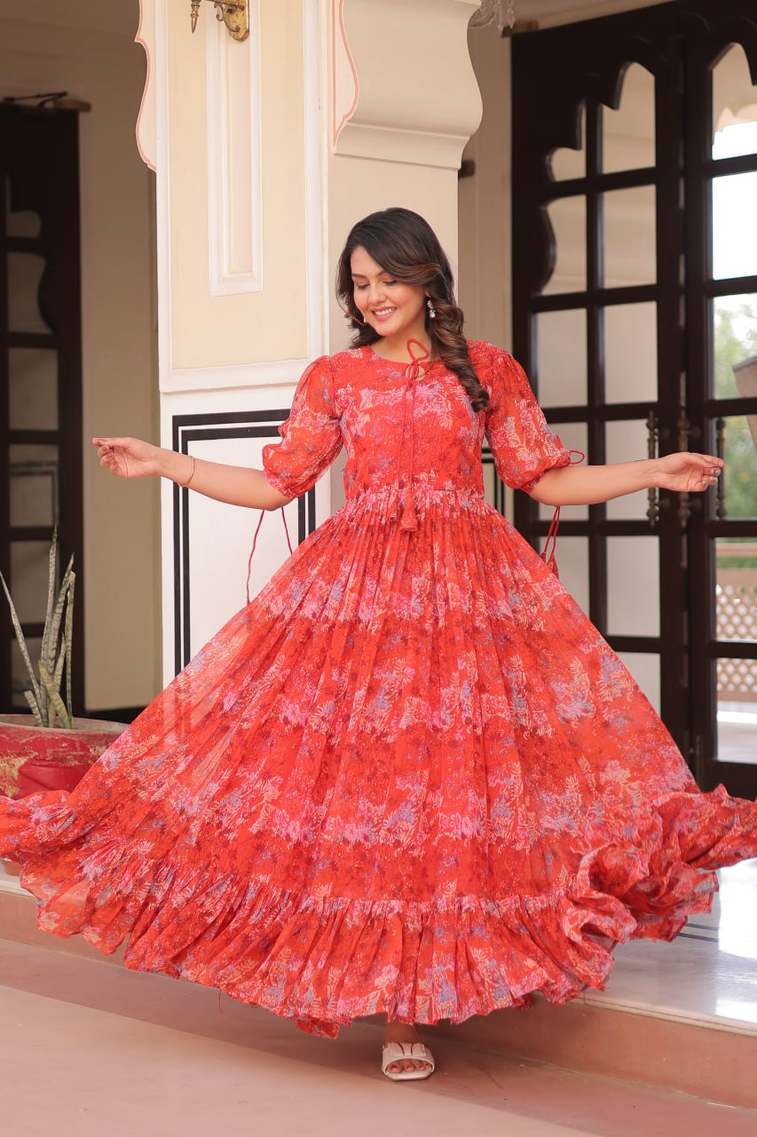 Red Color Faux Georgette With Print Gown