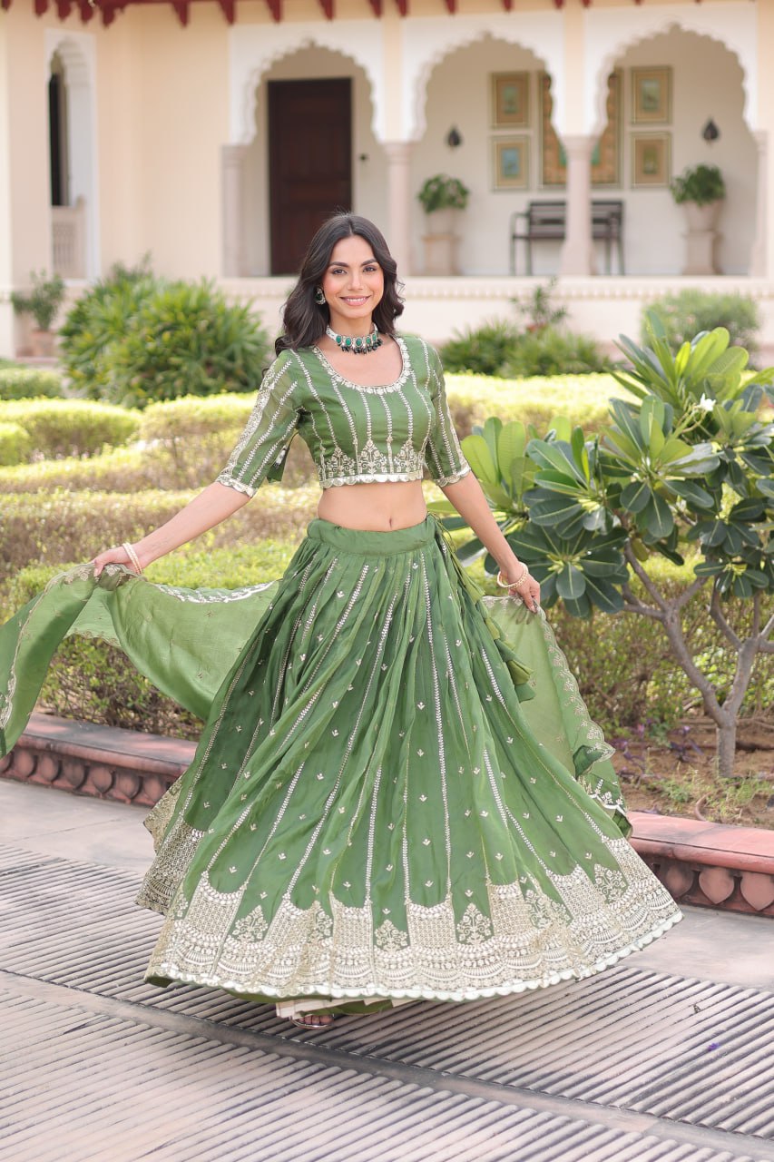 Mehendi Gold Crush With Sequins Zari Embroidery Work Lehenga Choli