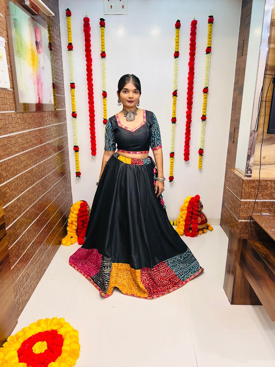 Rajwadi Black Pure Cotton Silk Multi Print With Gamthi Lace Work Navratri Lehenga Choli