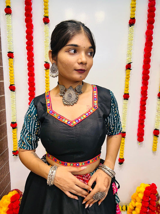 Rajwadi Black Pure Cotton Silk Multi Print With Gamthi Lace Work Navratri Lehenga Choli