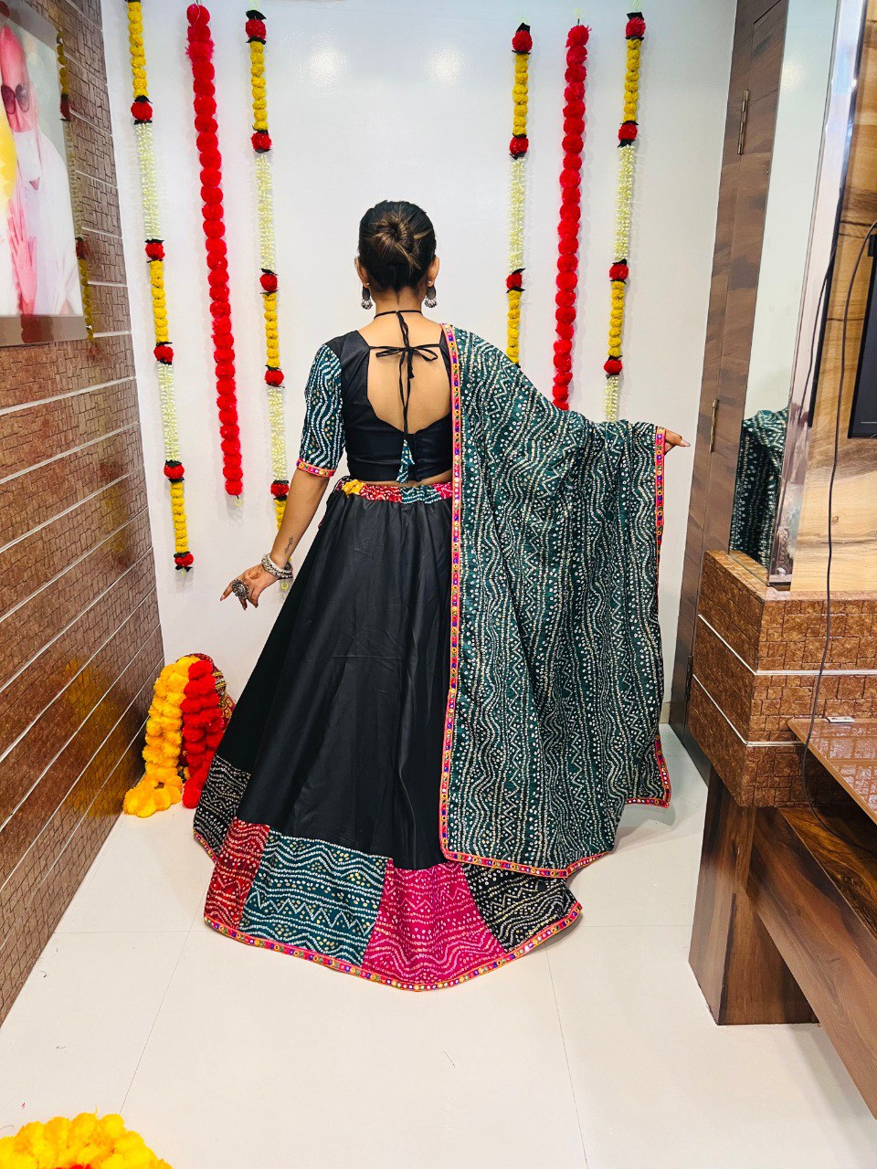 Rajwadi Black Pure Cotton Silk Multi Print With Gamthi Lace Work Navratri Lehenga Choli
